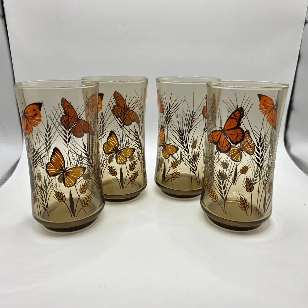 Vtg Libbey Smoked Glass Monarch Butterfly Wheat Tumblers Set of 4 Orange Brown
